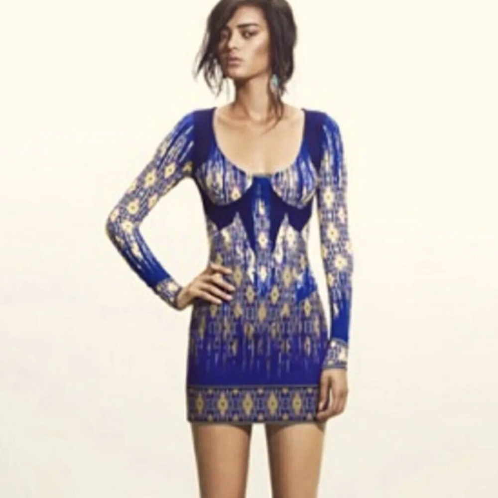 Jen Kao Womens Long Sleeve Multicolor Mini Bodycon Dress Sz 6